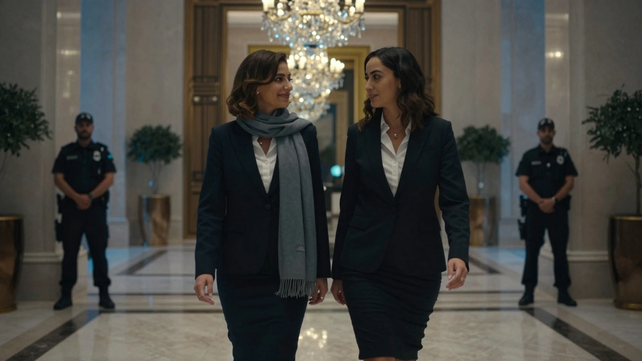 Two professionally dressed women walk through a luxurious Dubai hotel lobby, exuding discretion and refined companionship.